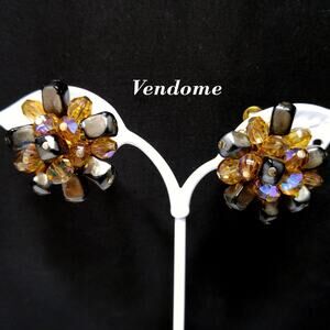 Vendome Beaded Clip Earrings, Brown Iridescent AB Topaz Beads, 1960s Vintage